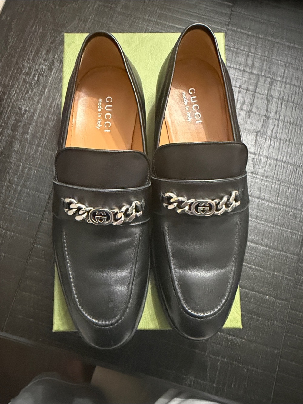 Gucci Black Leather Loafers with Silver Chain Detail - Picture 6 of 8